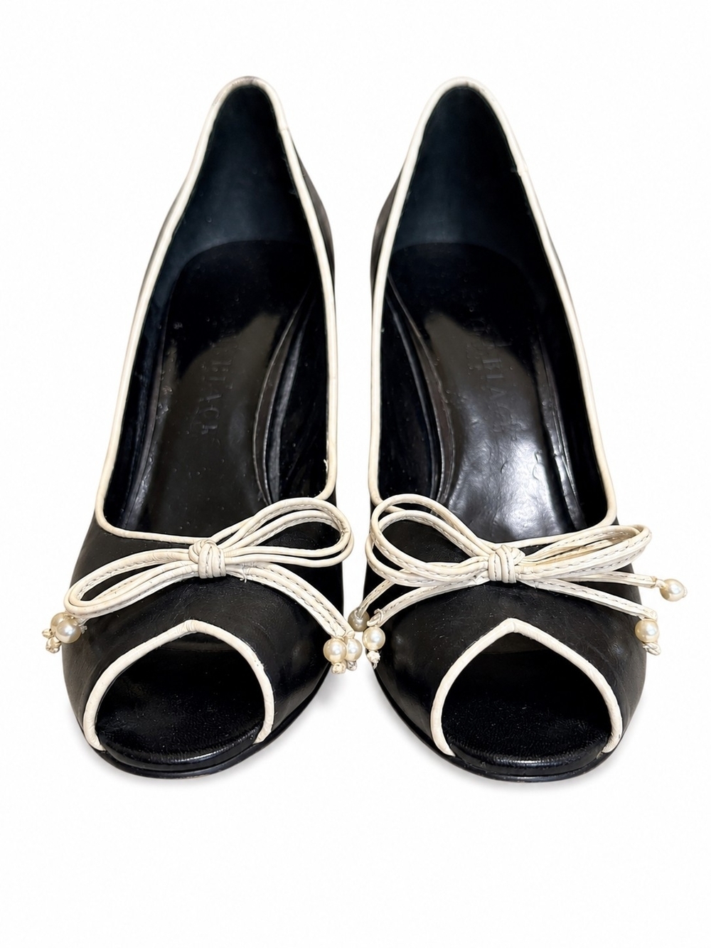 WHBM Black Cream Peep-Toe Tuxedo Pumps with Cream Pearl Bow Trim - Picture 2 of 10